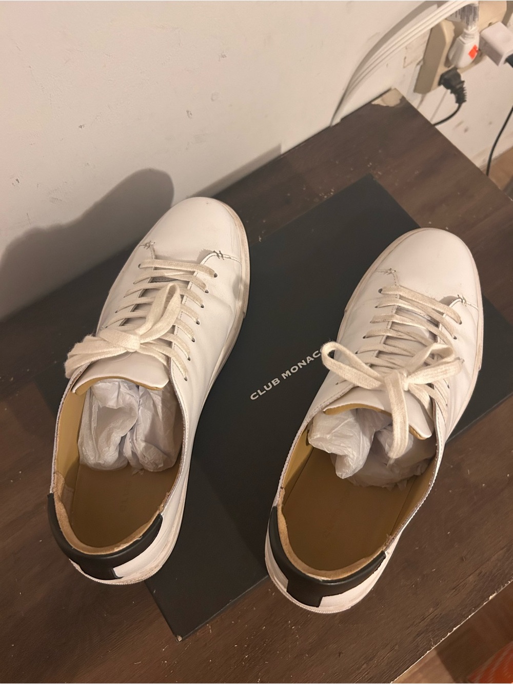 Club Monaco White Leather Sneakers with Black Heel Accent